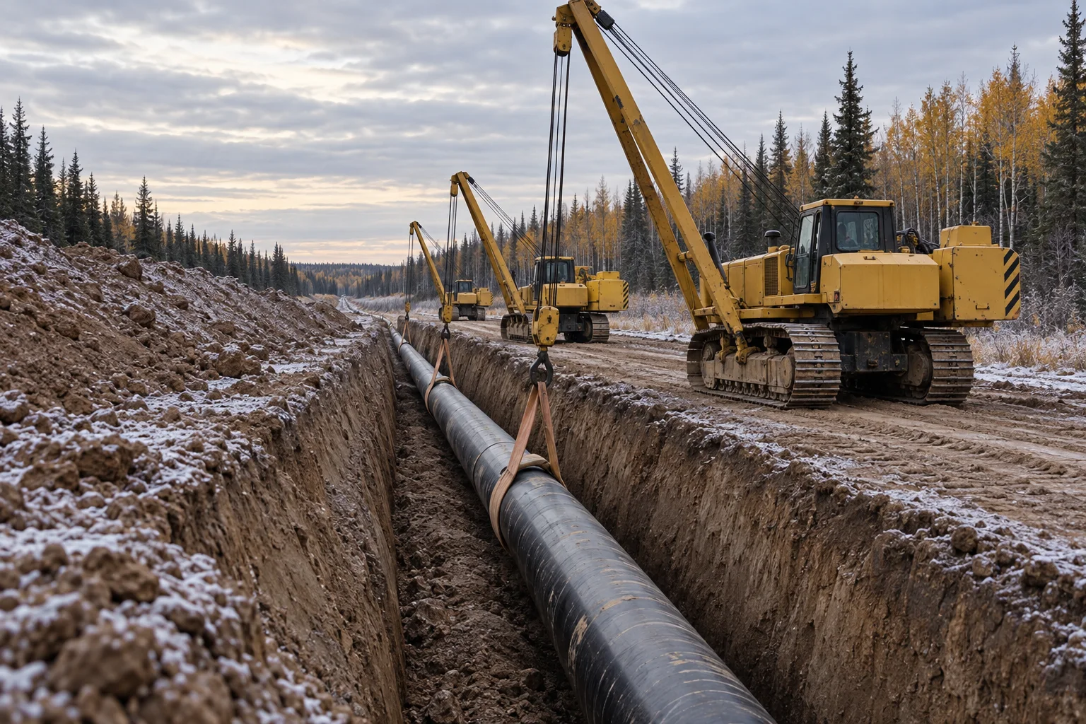 Sideboom pipelayers lowering a welded steel pipe string into an open trench on a snow-dusted right-of-way